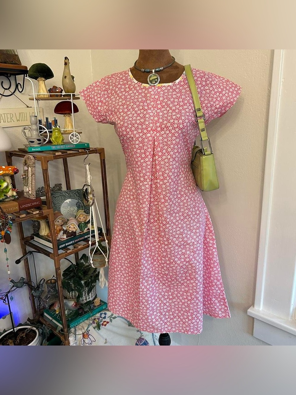 Vintage Coquette Pink Floral Short Sleeve Dress w Tie Back Waist by Puppy